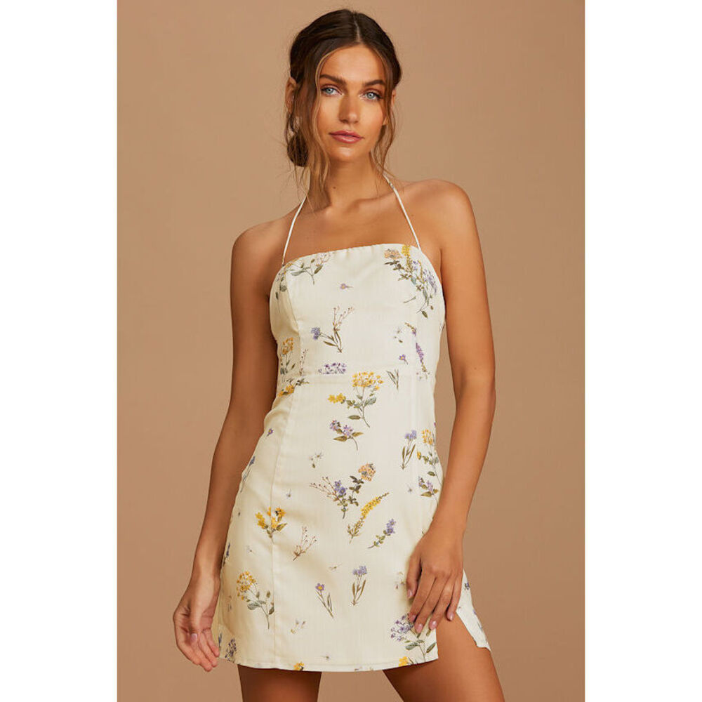 Lulus Catch The Bouquet Cream Floral Print Halter Lace-up Mini Dress White